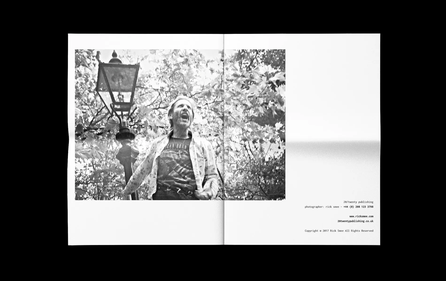 Last spread: a woman speaking under a street lamp on the left, the credits and the 20twenty contact details on the right.