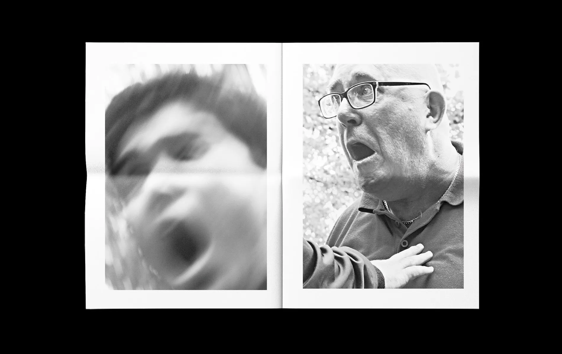 Spread with two portraits: a blurred shouting face on the left, a man with glasses speaking on the right.