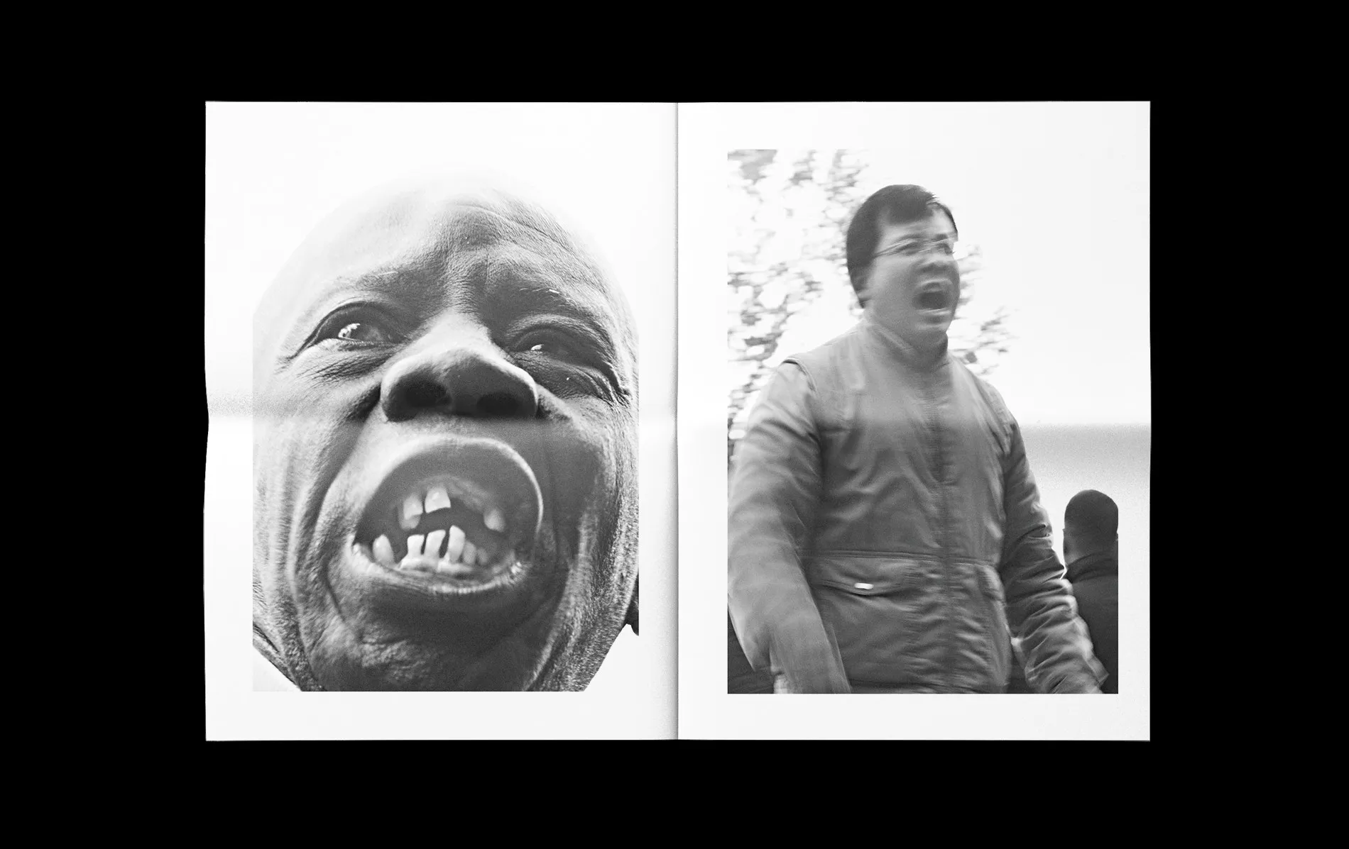 Spread with two portraits of speakers shouting, photographed among the trees of the park.