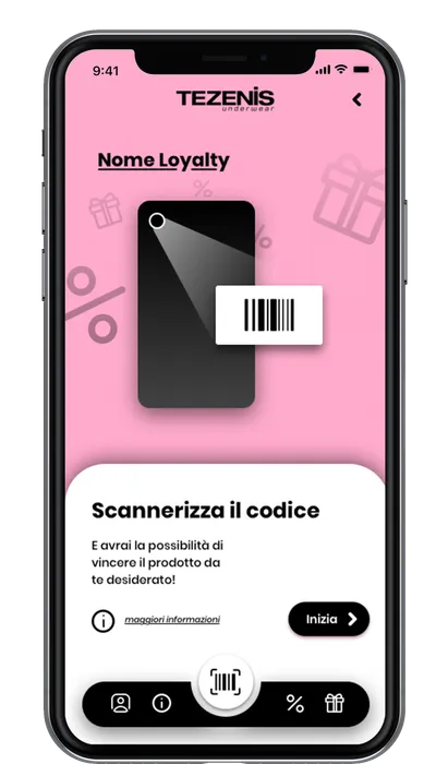 Tezenis loyalty app on a phone: a barcode and the prompt “Scan the code” to try to win the product.