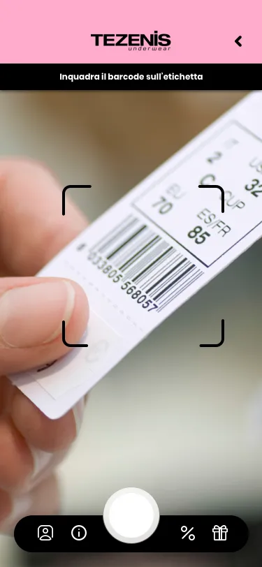 Tezenis app: the camera frames the barcode on a product label.