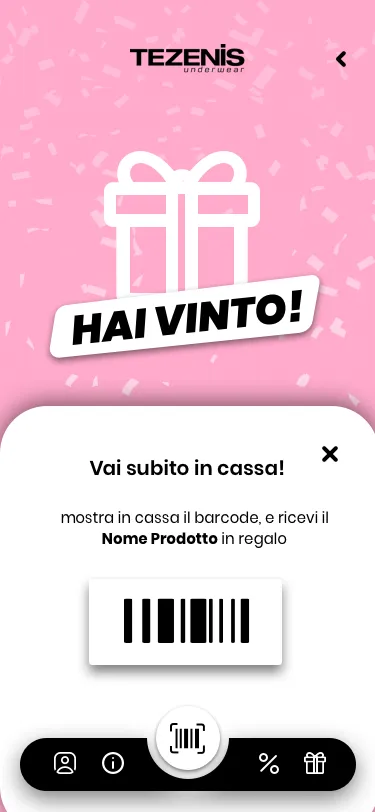 Tezenis app: “You won!” with a gift box and the barcode to show at the till.