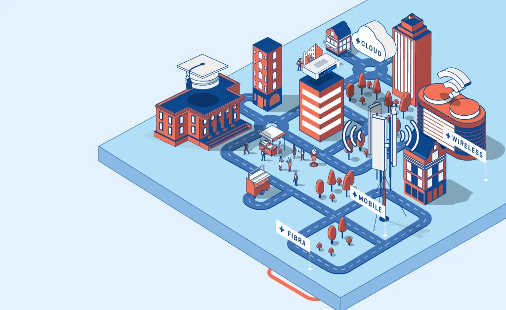 Isometric illustration of a connected city: buildings, roads and a school linked by the network.