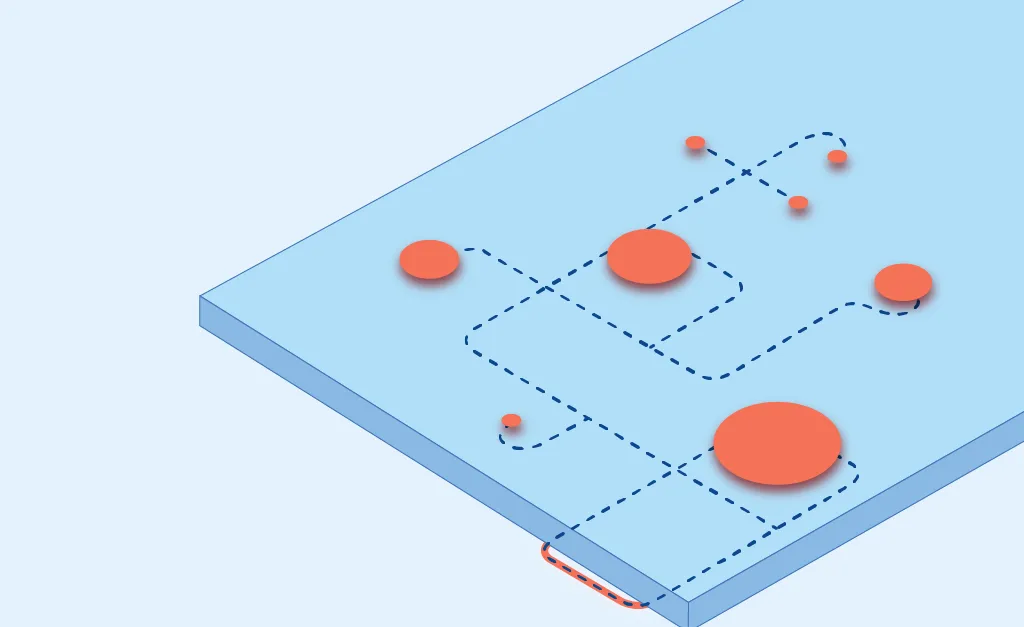 Isometric illustration of a network: red nodes linked by dashed lines on a light blue slab.