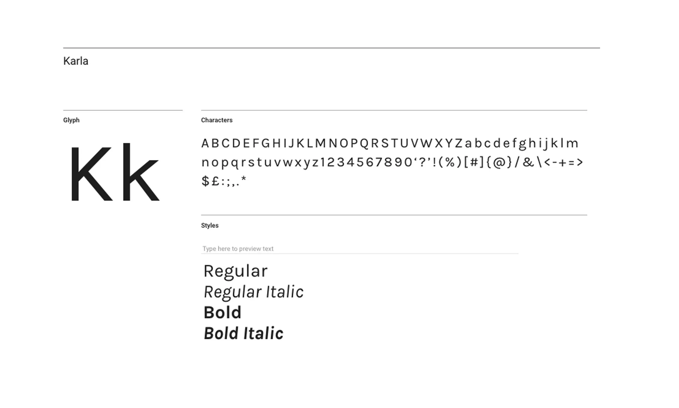 Type specimen of Karla: glyphs, characters and the four styles Regular, Regular Italic, Bold and Bold Italic.