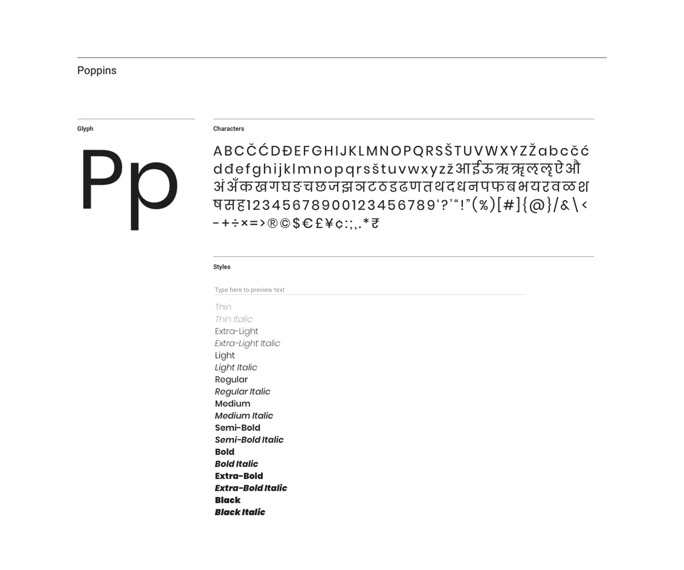 Type specimen of Poppins: glyphs, characters and the full list of weights from Thin to Black Italic.