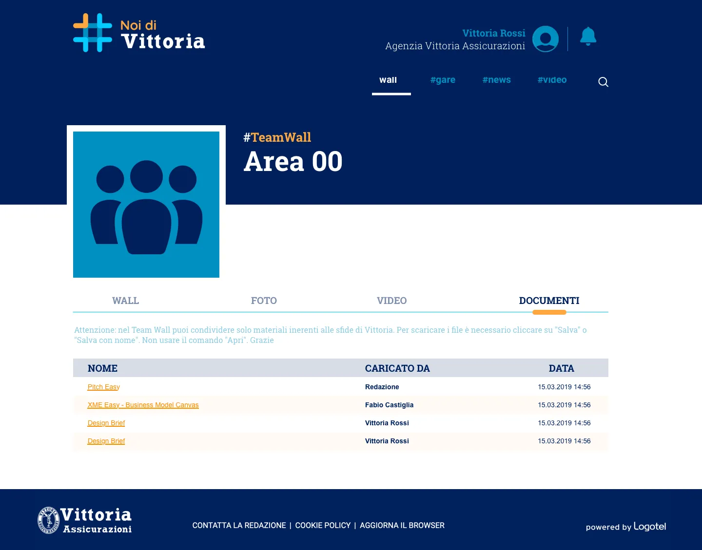 Noi di Vittoria team area: the list of shared documents, with who uploaded them and when.