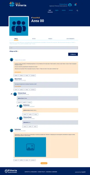 Noi di Vittoria, a team area: the wall with posts, comments and replies.