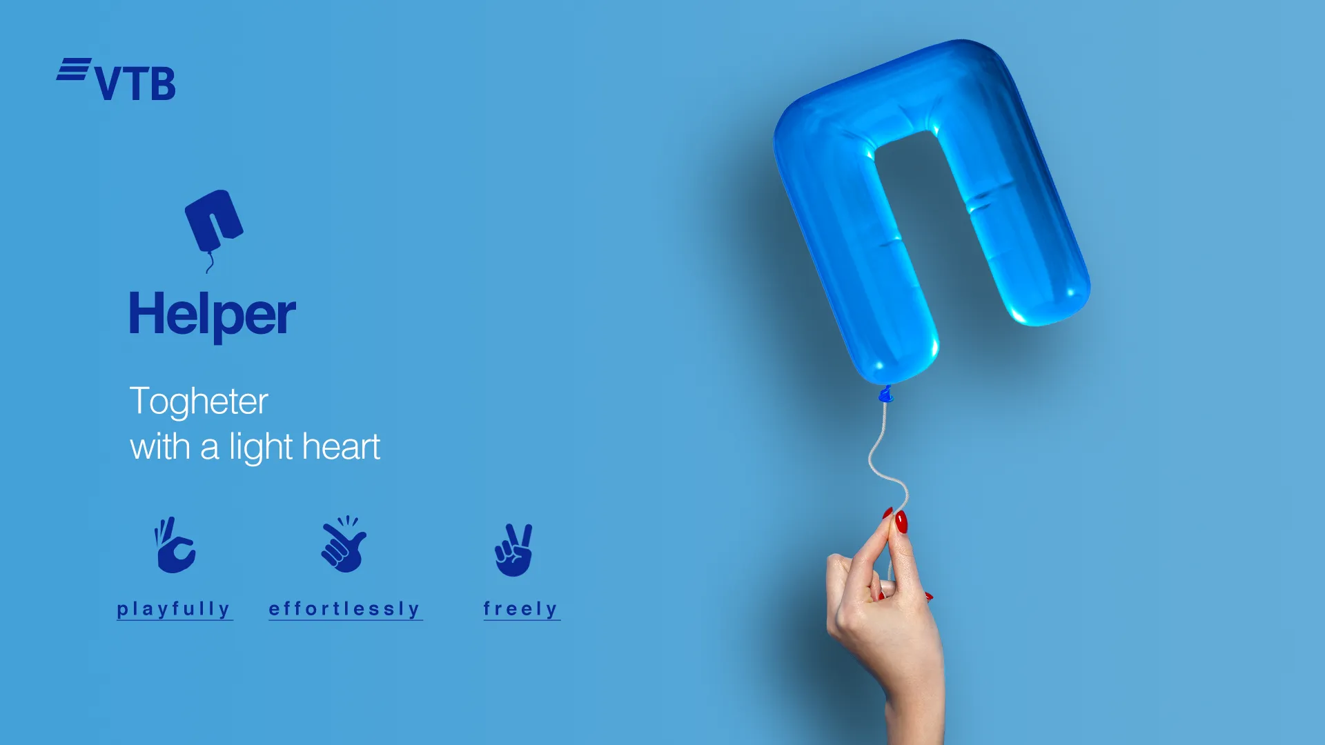 VTB proposal “Helper”: a hand holds a blue balloon shaped like a letter, on light blue.