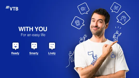 VTB proposal: a smiling man points to the line “With you, for an easy life”, surrounded by small drawn icons.